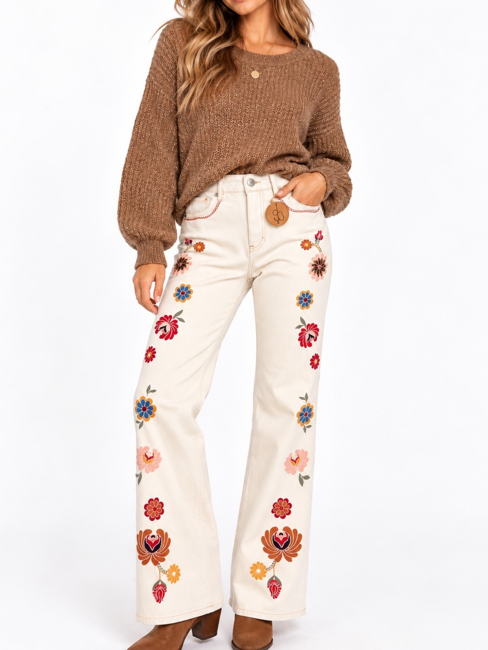 177..NWT Driftwood Embroidered Cream Embroidered Floral Wide-Leg Jeans $250